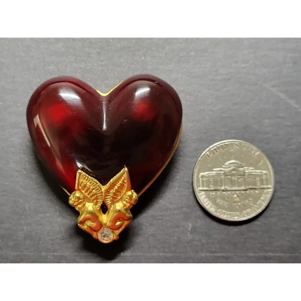 Givenchy Vintage Guardian Angel Cherub Red Lucid Heart Pin Brooch Gold Tone RARE